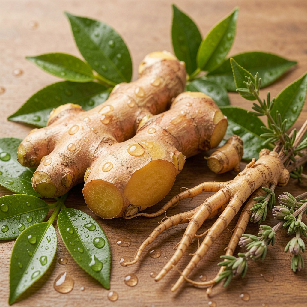 Fresh turmeric root, green tea leaves, ginseng, and herbs arranged beautifully